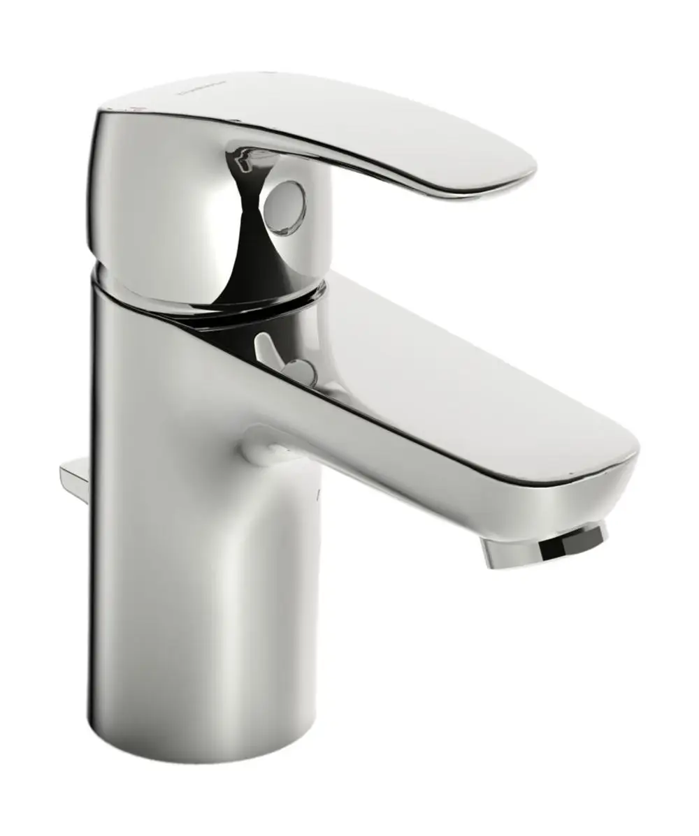 Chromfarbener Einhebelmischer mit ausladendem Wasserhahn und Zugstangenablaufgarnitur. Produkt von HANSA, geeignet für Waschtische.